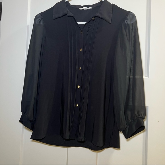 Perception Concept Chic Black Blouse with Buttoned Down Size Small Pleats Puff - Picture 1 of 7
